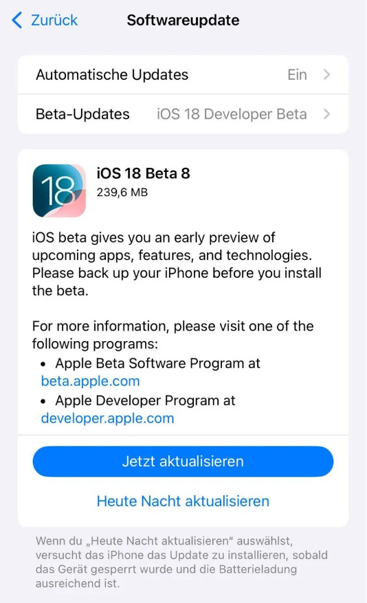 水满乡苹果手机维修分享苹果 iOS / iPadOS 18 开发者预览版 Beta 8 发布 